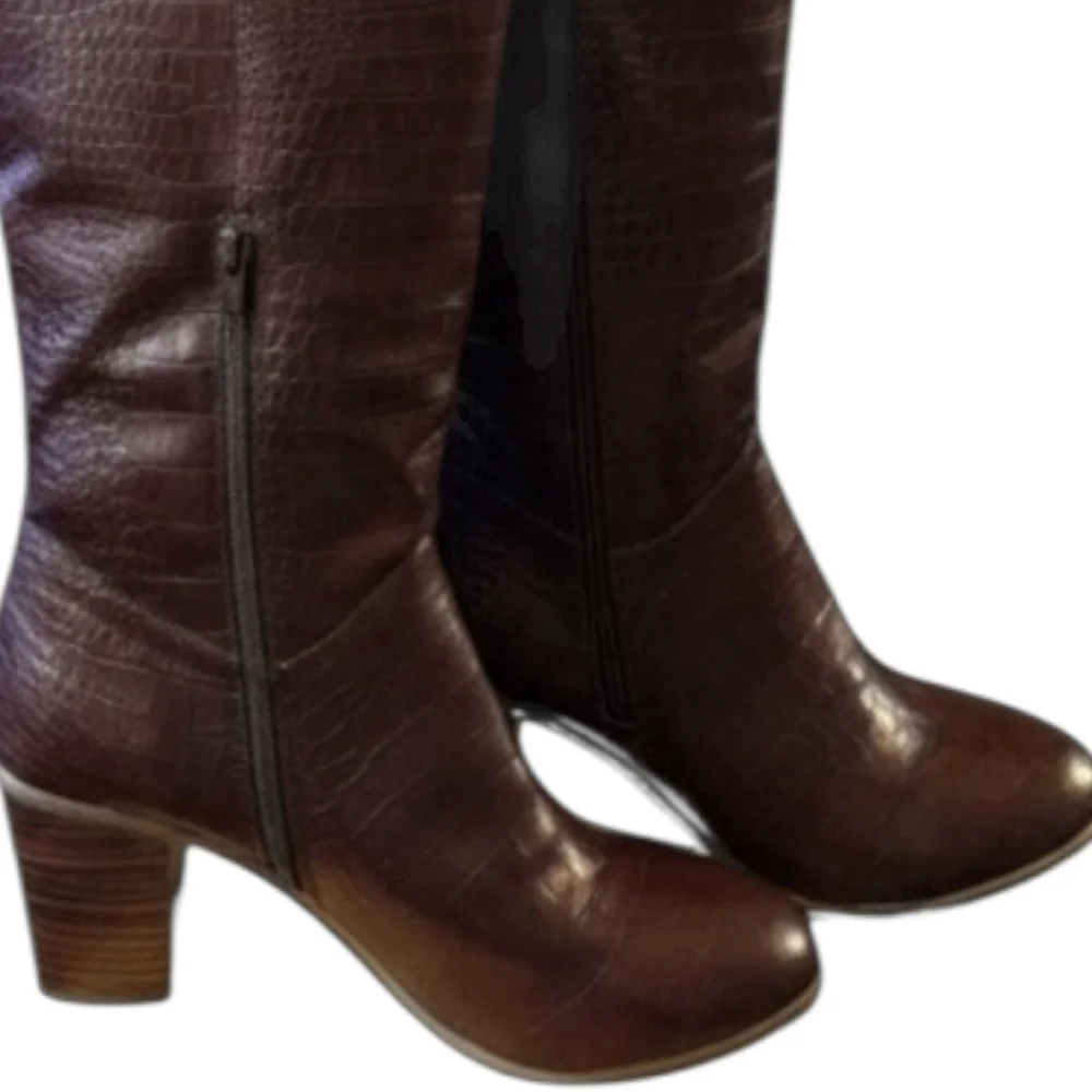BC Footwear Make An Impact Vegan Croc-Embossed Stacked Heel Knee-High Boots 10M